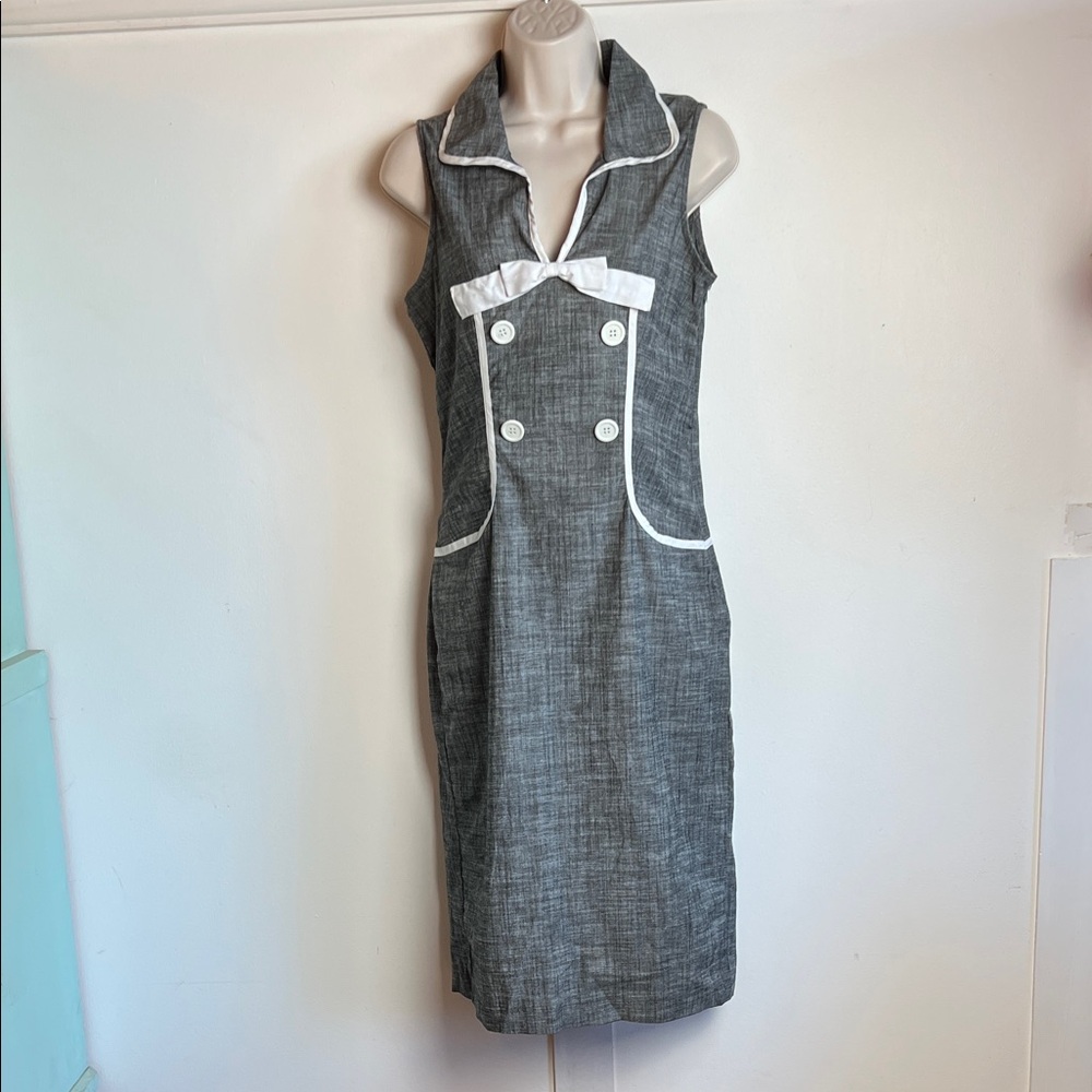 Pinup Office Gray Sleeveless Midi Dress with White Trim pinafore style
